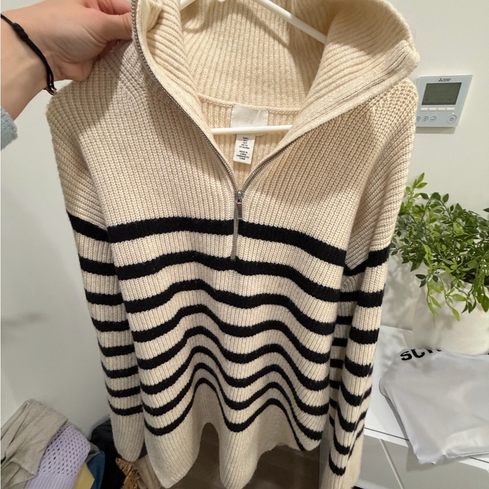 H&M Cream and Black Striped Turtleneck Sweater